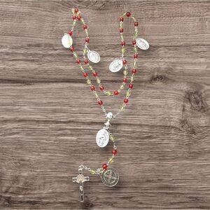 Elegant Silver Tone Red Yellow Beaded Necklace Rosary Jewelry Unisex Man Women